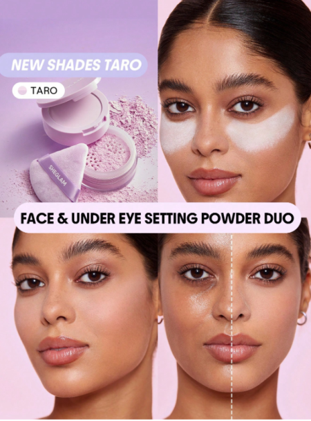 SHEGLAM بودرة تثبيت الوجه وتحت العين Insta-Ready Duo-Taro Oil-Control Poreless Flawless Full Coverage Lightweight Pressed Powder Loose Setting Powder أرجوانية مشرقة وناعمة لتثبيت المكياج على الوجه